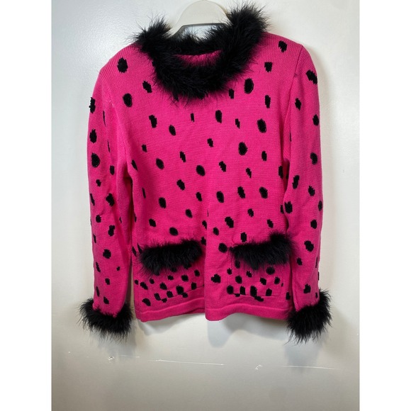 Collective Works Sweater Knit Pink Black leopard Feather Trim M‎ - Picture 1 of 5